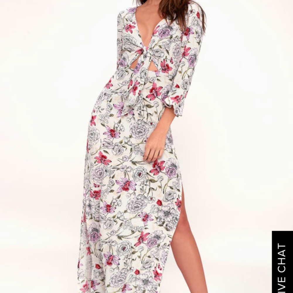 WHITE FLORAL PRINT TIE-FRONT MAXI DRESS